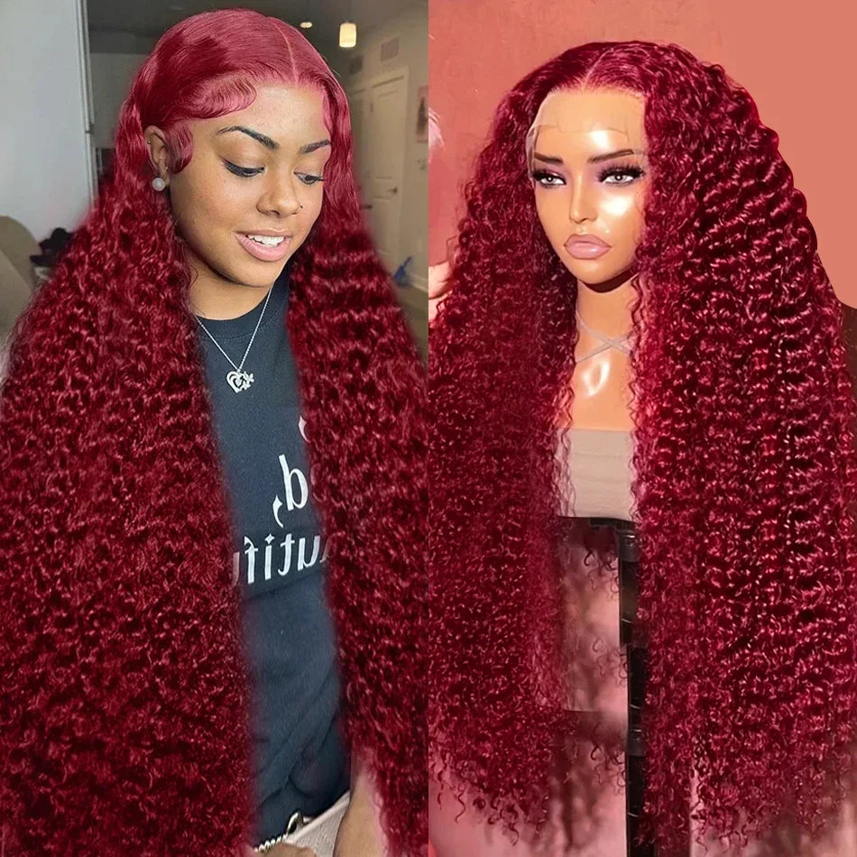 13x4 HD Burgundy Deep Wave Lace Front Wig 220 Density Curly 30 34 Inches