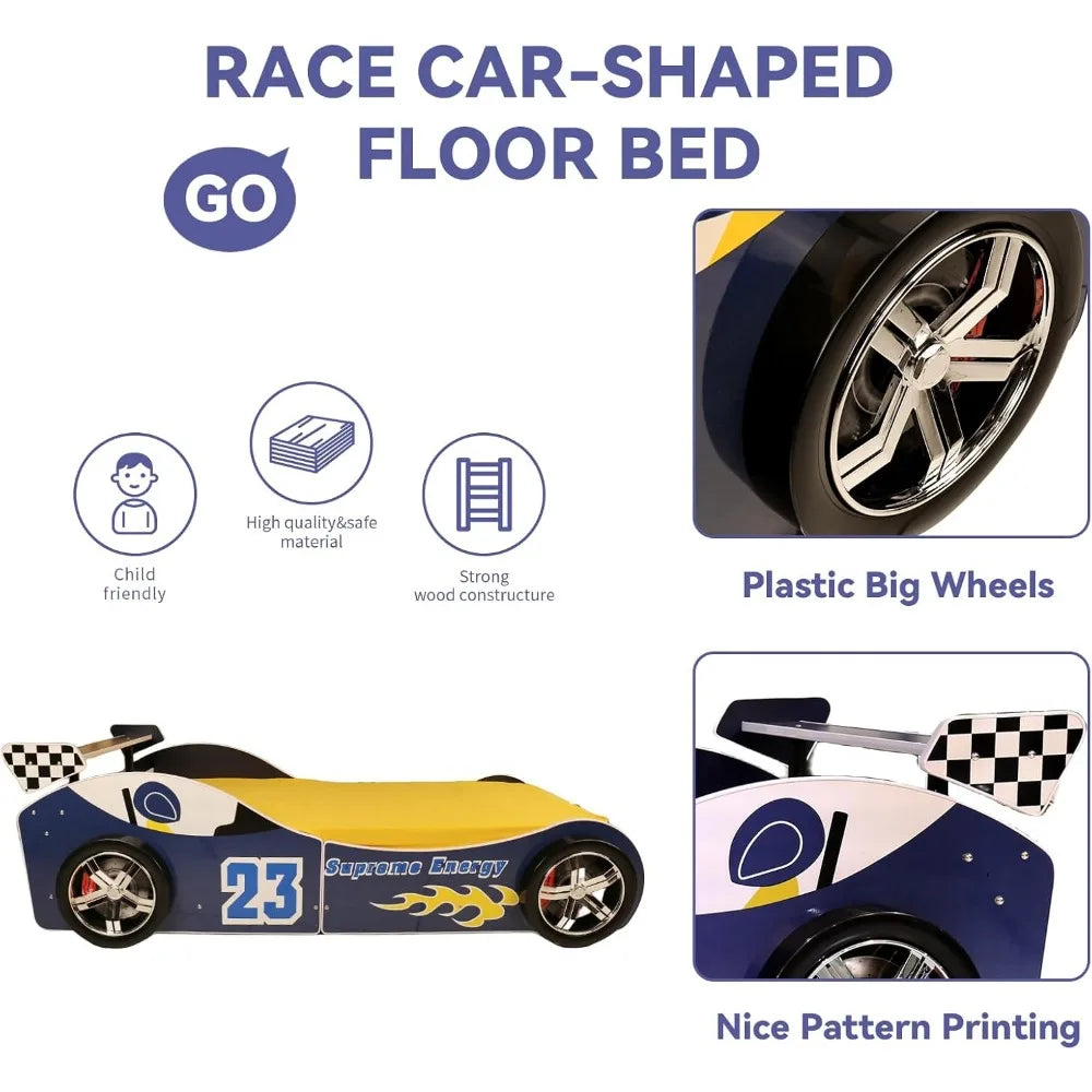 Twin Size Race Car Shaped Platform Bed Frame with Headboard Wheels