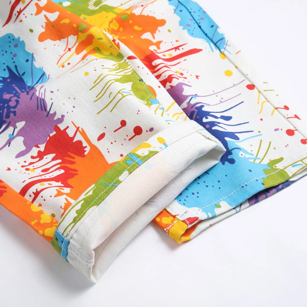 Mens Color Painted Shorts Stretch Denim
