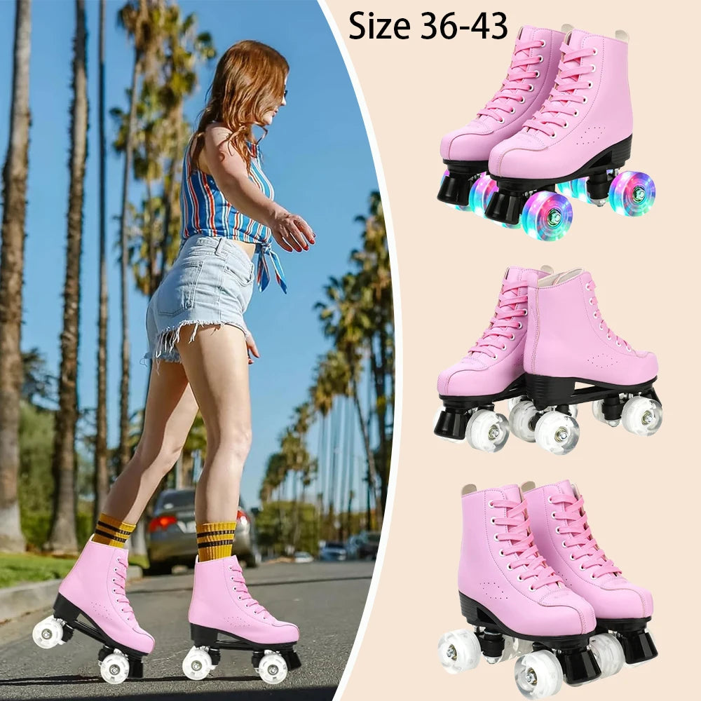Pink PU Leather Roller Skates