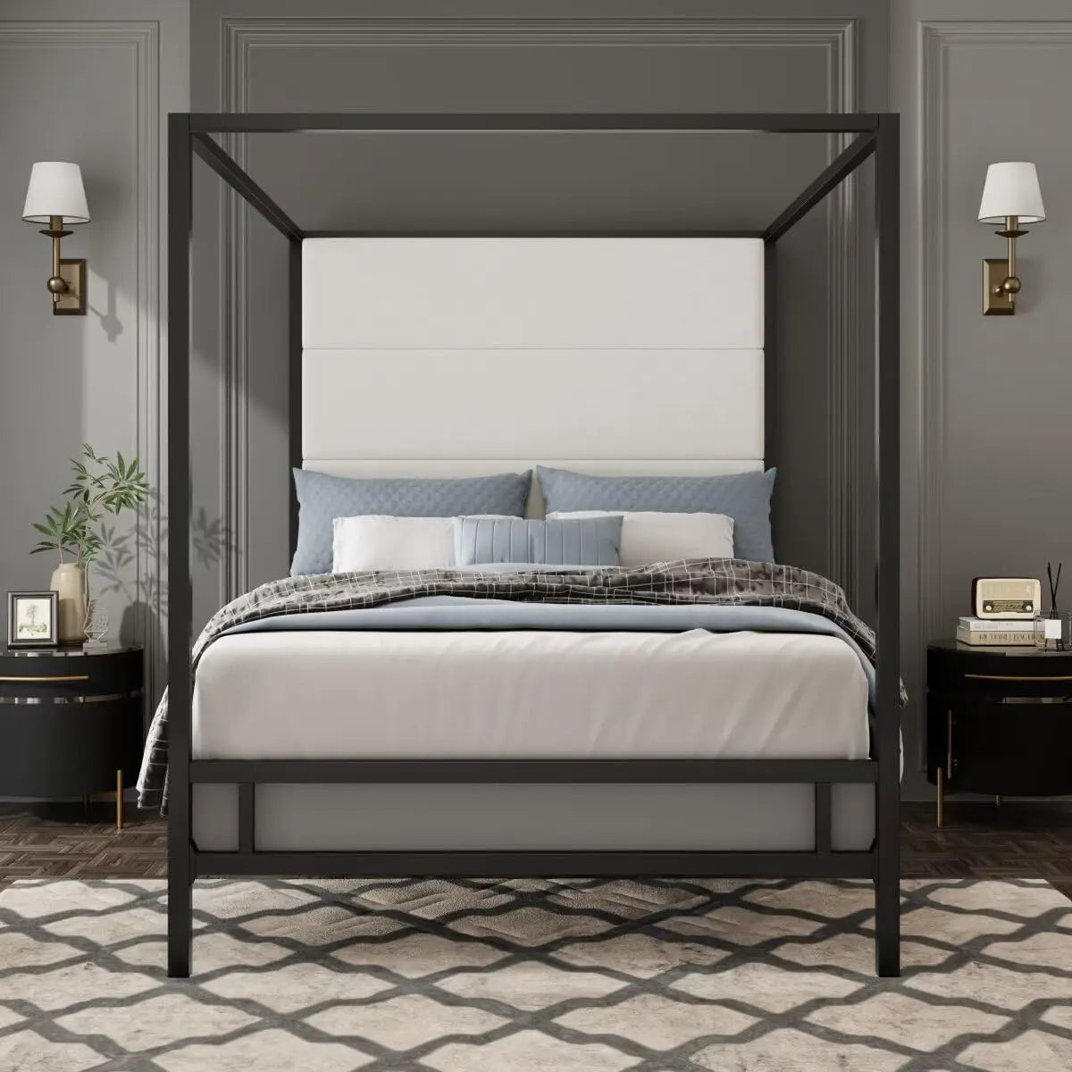 Modern Gold Canopy Bed with Tall Linen Fabric Upholstered Headboard
