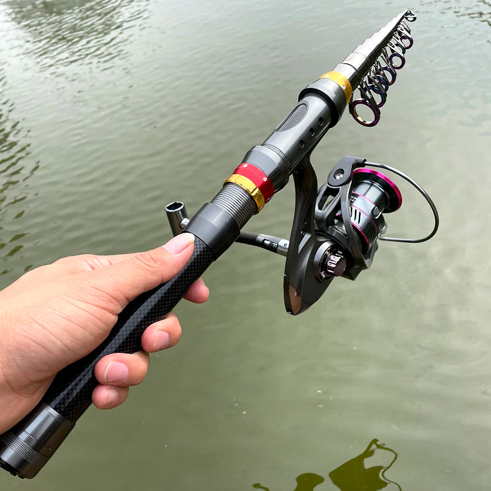 1.8-3.6m Carbon Fiber Telescopic Fishing Pole Spinning Reel Kit Max Resistance 3-8kg Pesca