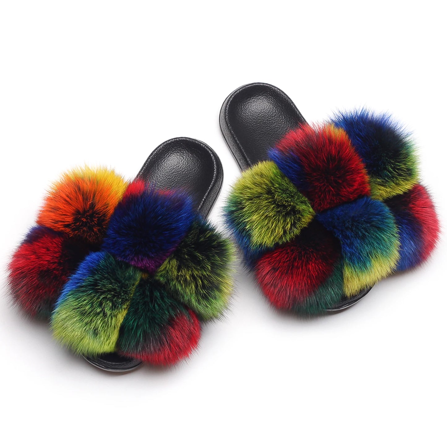 Real Fox Raccoon Slippers Pom Pom Fur Slides