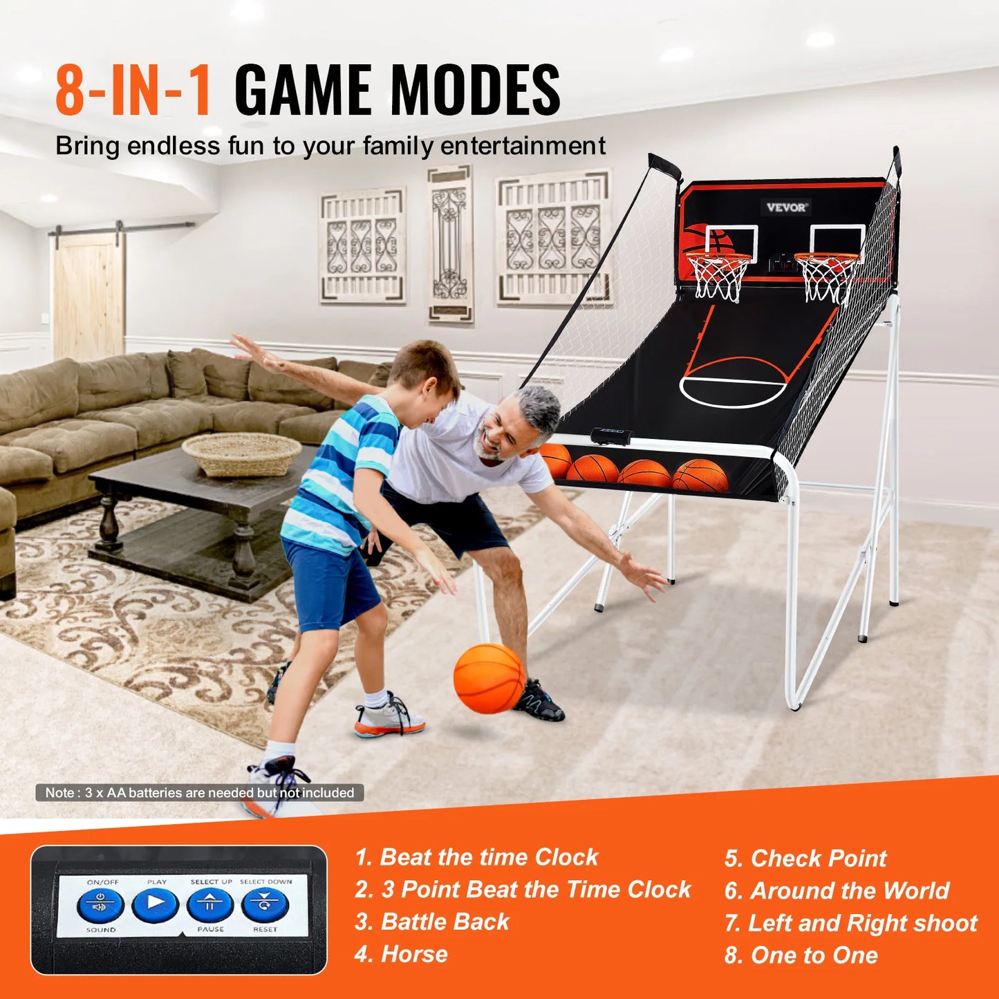 Indoor Basketball Game Dual Shot Sport w/ 4 Balls 8 Game Modes