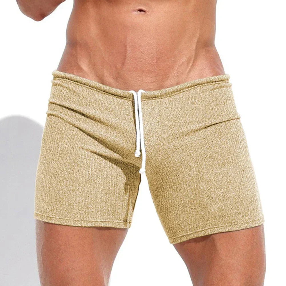 Mens Sexy Drawstring Ribbed Sleepwear Shorts
