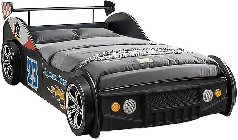 Twin Size Race Car Shaped Platform Bed Frame with Headboard Wheels