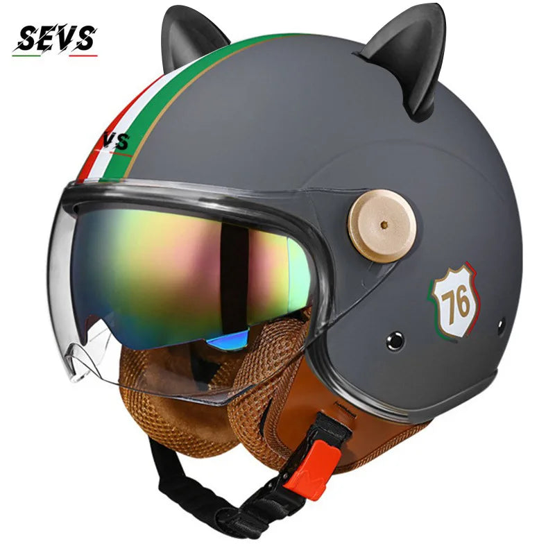 Vintage Cat Ear Motorcycle Helmet Retro Dual Visor