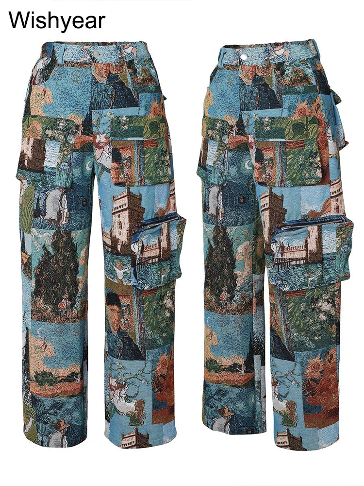 Printed Oil Painting Pattern Multi Pocket Cargo Pants