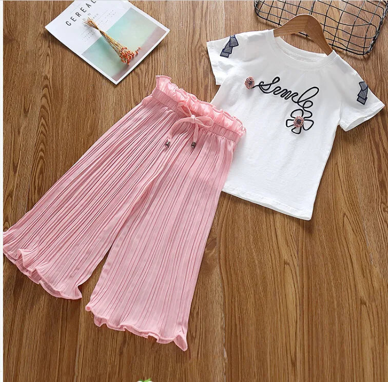 Girls Clothing Sets T-Shirt +Wide Leg Pants Suit