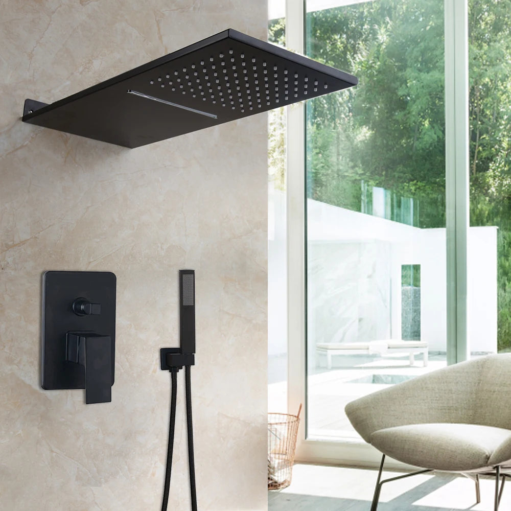 Golden Black Shower System with Hand Spray 3 Functions Rainfall Shower Head
