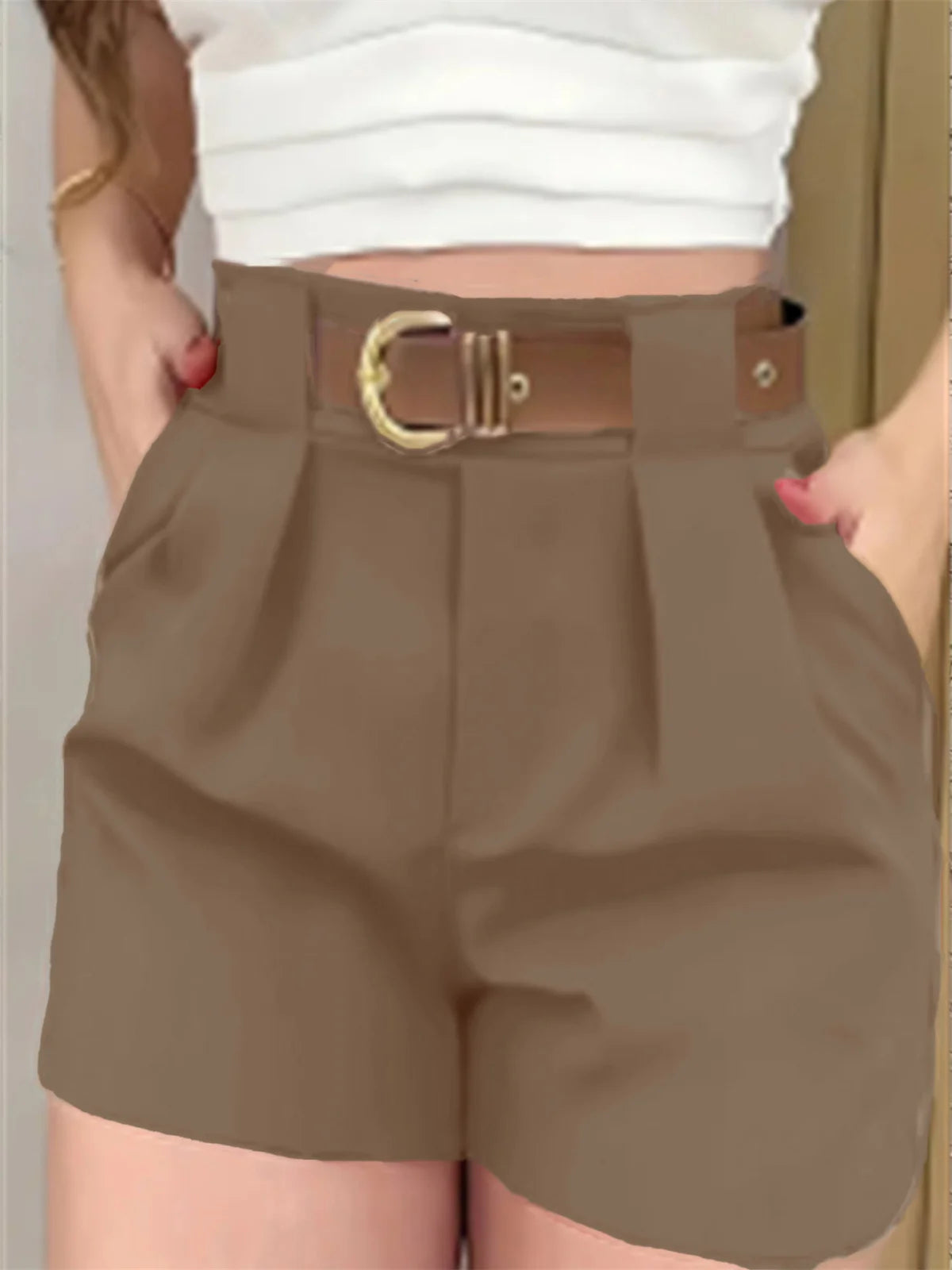 Womens High Waist Solid Color Belt Shorts