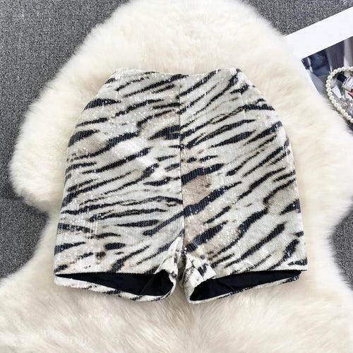 Fashion Sequins Leopard Print Wide Leg Shorts