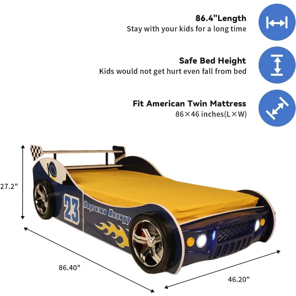 Twin Size Race Car Shaped Platform Bed Frame with Headboard Wheels
