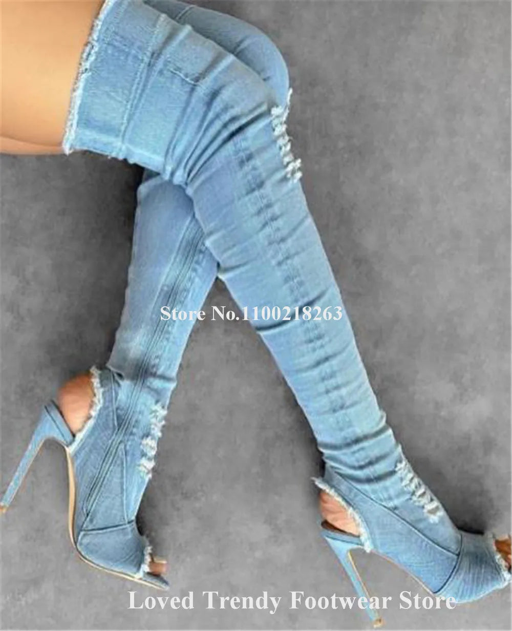 Sexy Blue Denim Over-the-Knee Stiletto Heel Boots
