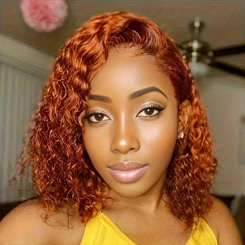 13x4 Ginger Orange Curly Bob Lace Front Wig Human Hair 180% Density