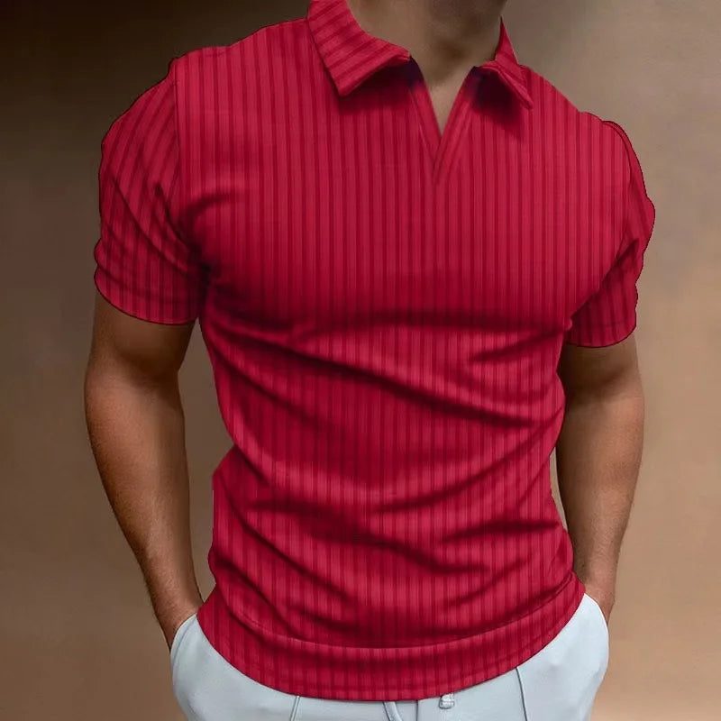 Solid Color Polo Shirt V-neck Striped Breathable