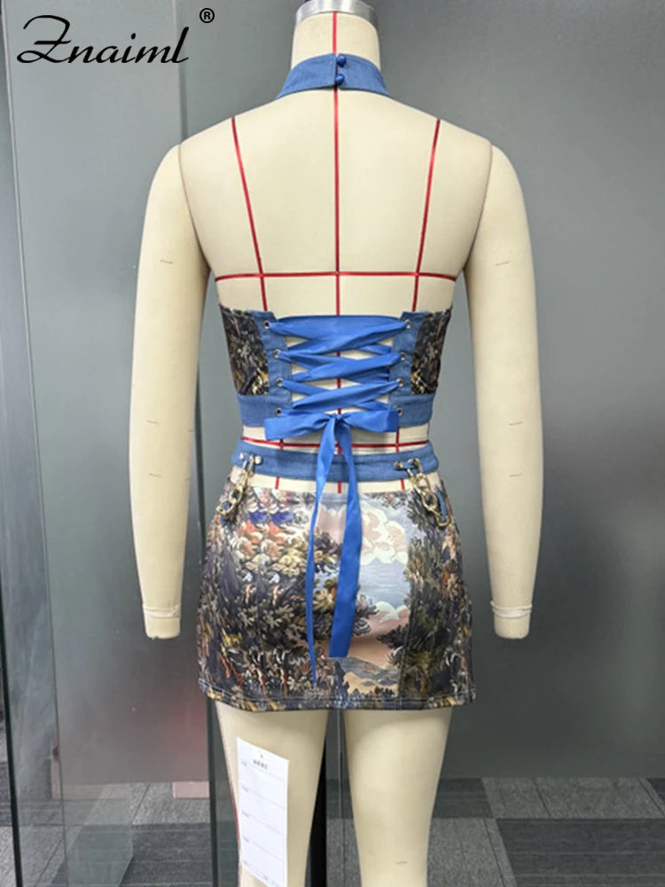 Elegant Lace-Back Printed Beach Two-Piece Top and Skirt