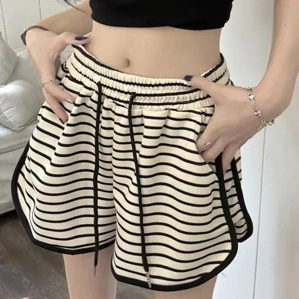Casual Striped Shorts Slightly Elastic Waist