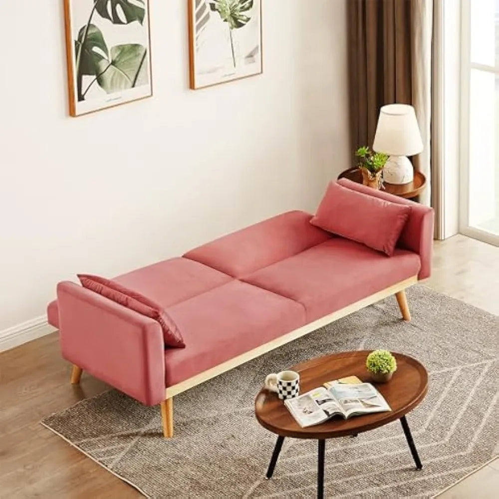 Pink Velvet Futon Sofa Bed Memory Foam with Pillows