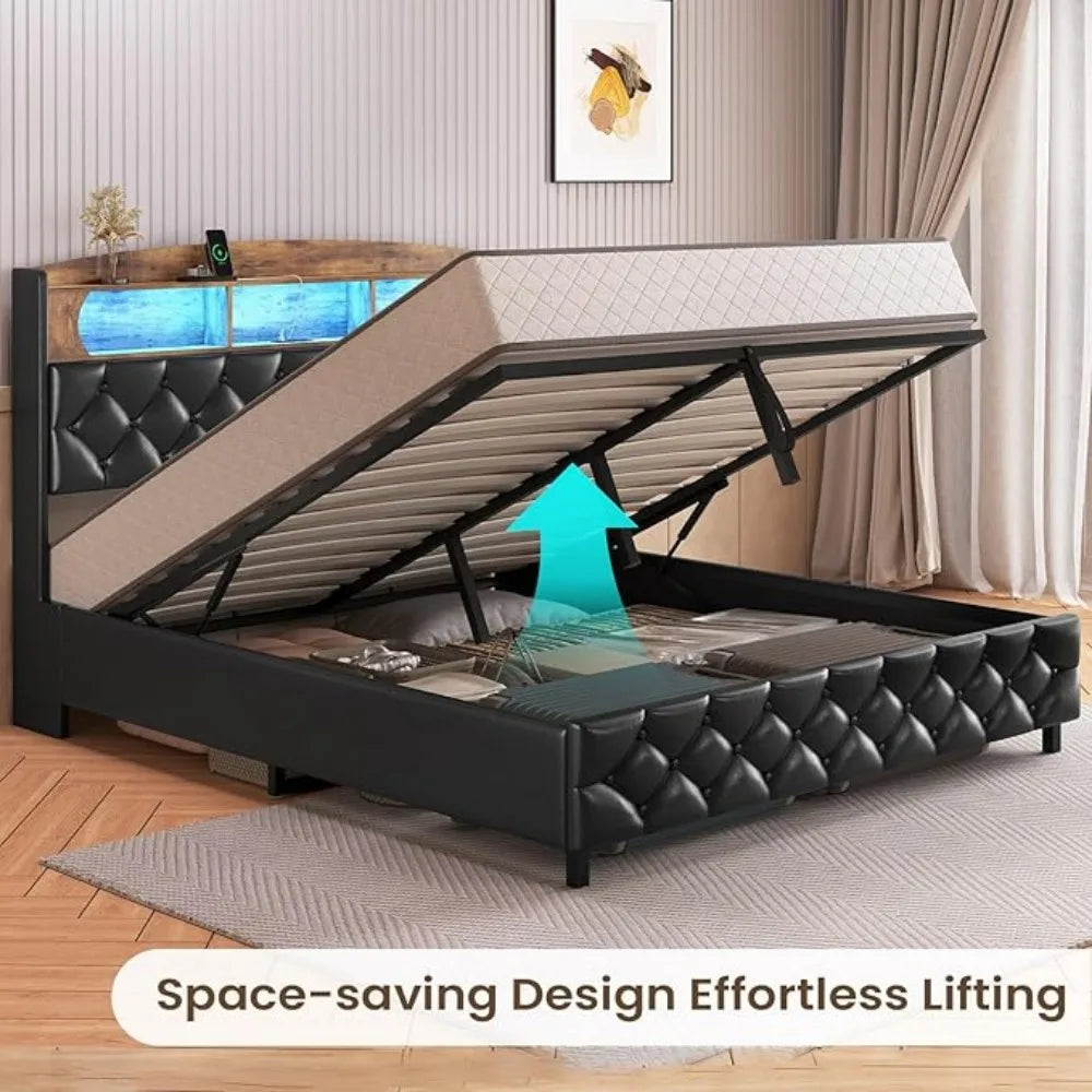 Queen Platform Bed with Storage LED Lights Charging Station