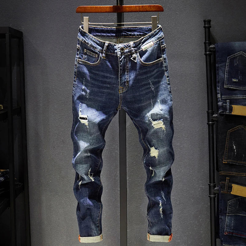 Ripped Jeans Slim Fit Dark Blue Destroyed Denim