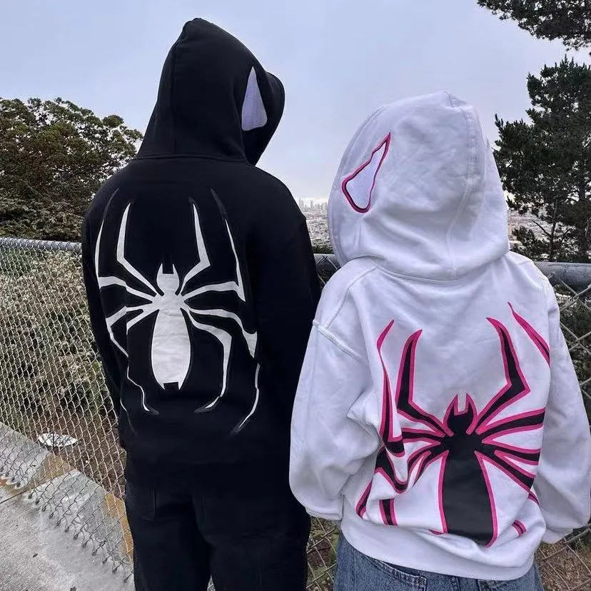 Full Zip Up Spider Hoodie Women Men Streetwear