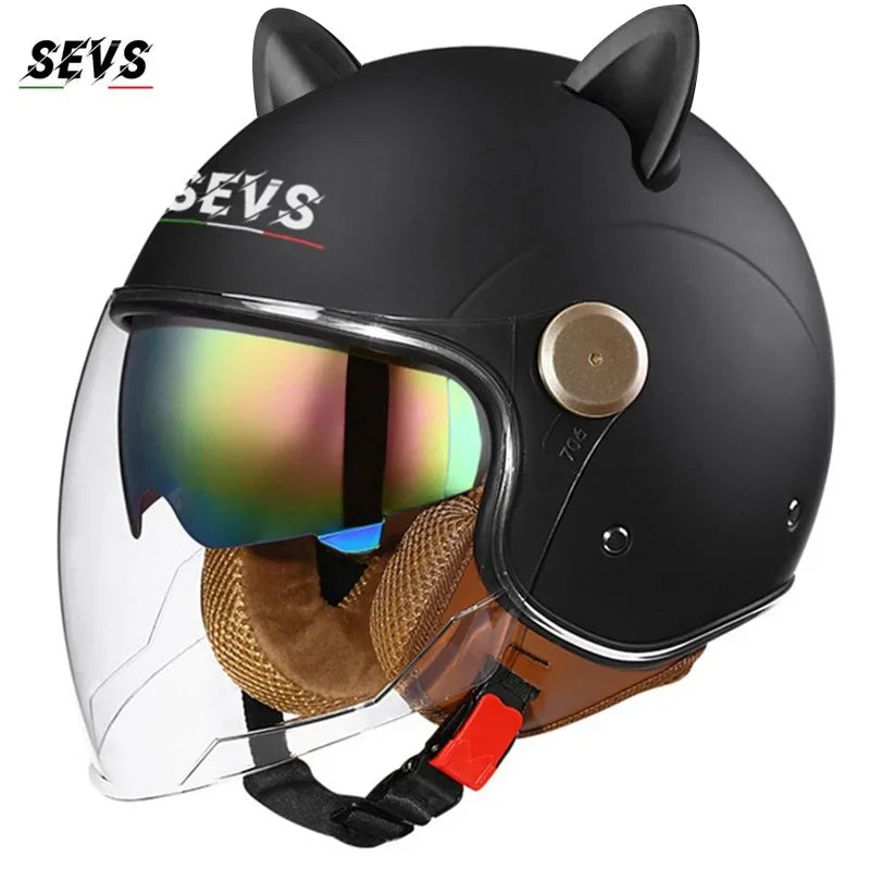 Vintage Cat Ear Motorcycle Helmet Retro Dual Visor