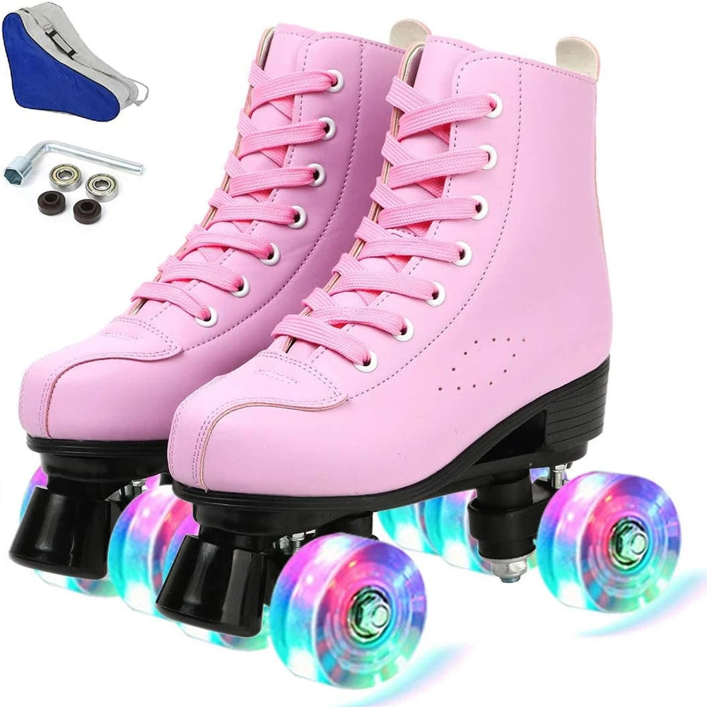 Pink PU Leather Roller Skates
