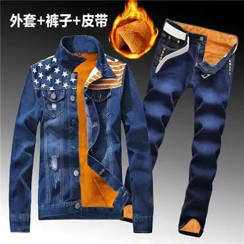 Winter Men Fleece Lining Thick Warm Denim Two Piece Set