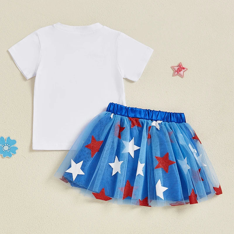 Short Sleeve Top Star Print Skirt 2Pcs Set