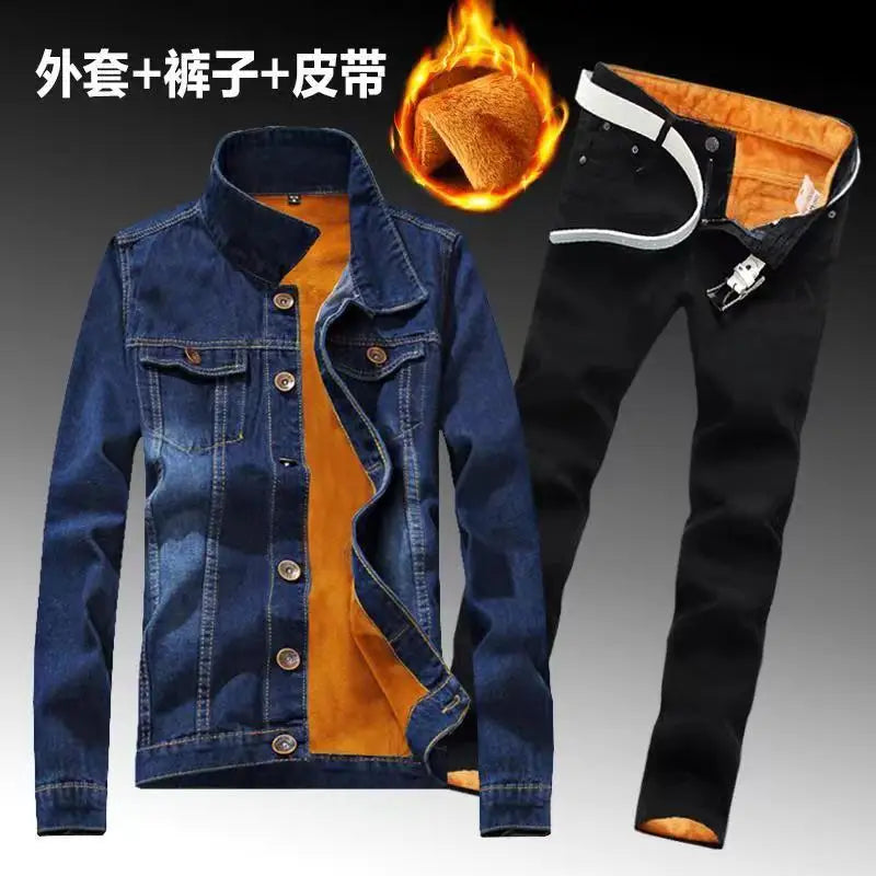 Winter Men Fleece Lining Thick Warm Denim Two Piece Set
