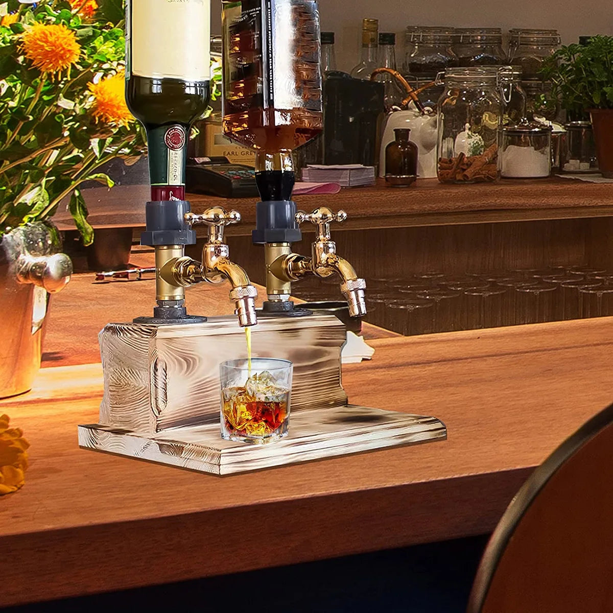 Wooden Whiskey Liquor Dispenser Faucet Shaped