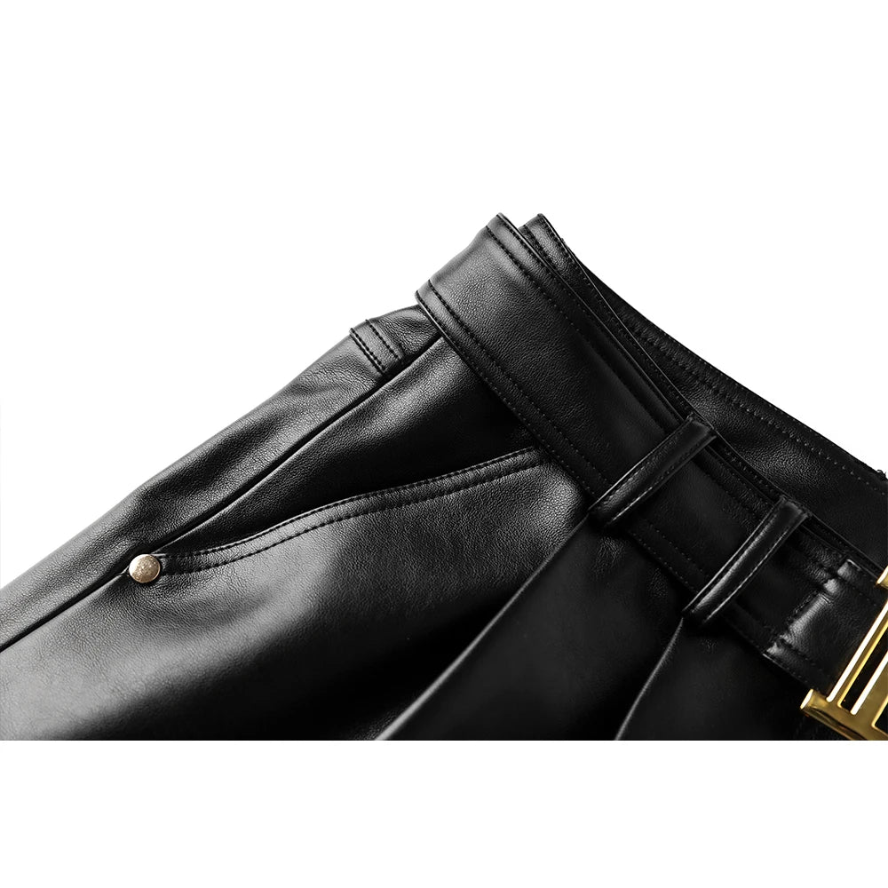 High Quality Leather Black Womens Shorts with Belt