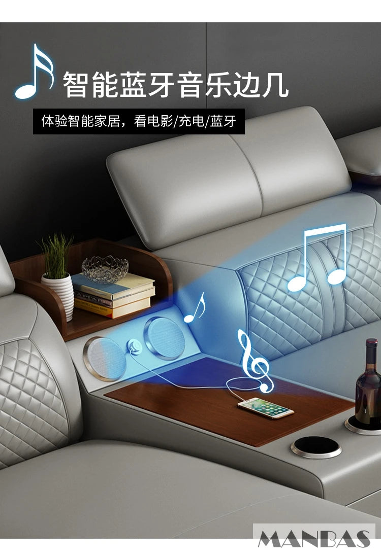 Stylish Italian Genuine Leather Sofa w/Adjustable Headrests & Bluetooth Speaker