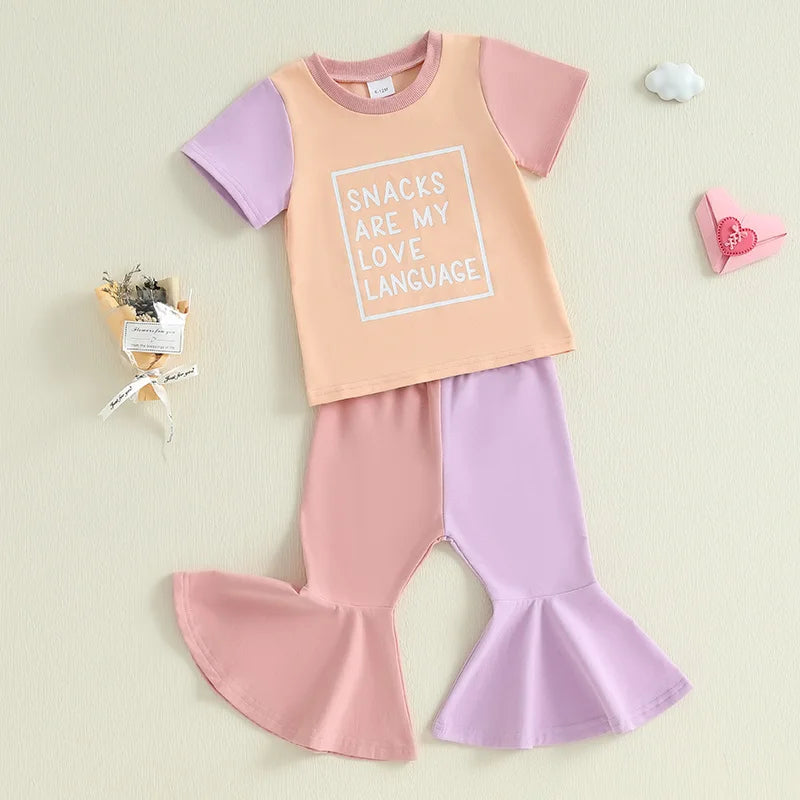 Short Sleeve Graphic Tee Colorful Flared Trousers 2Pc Set