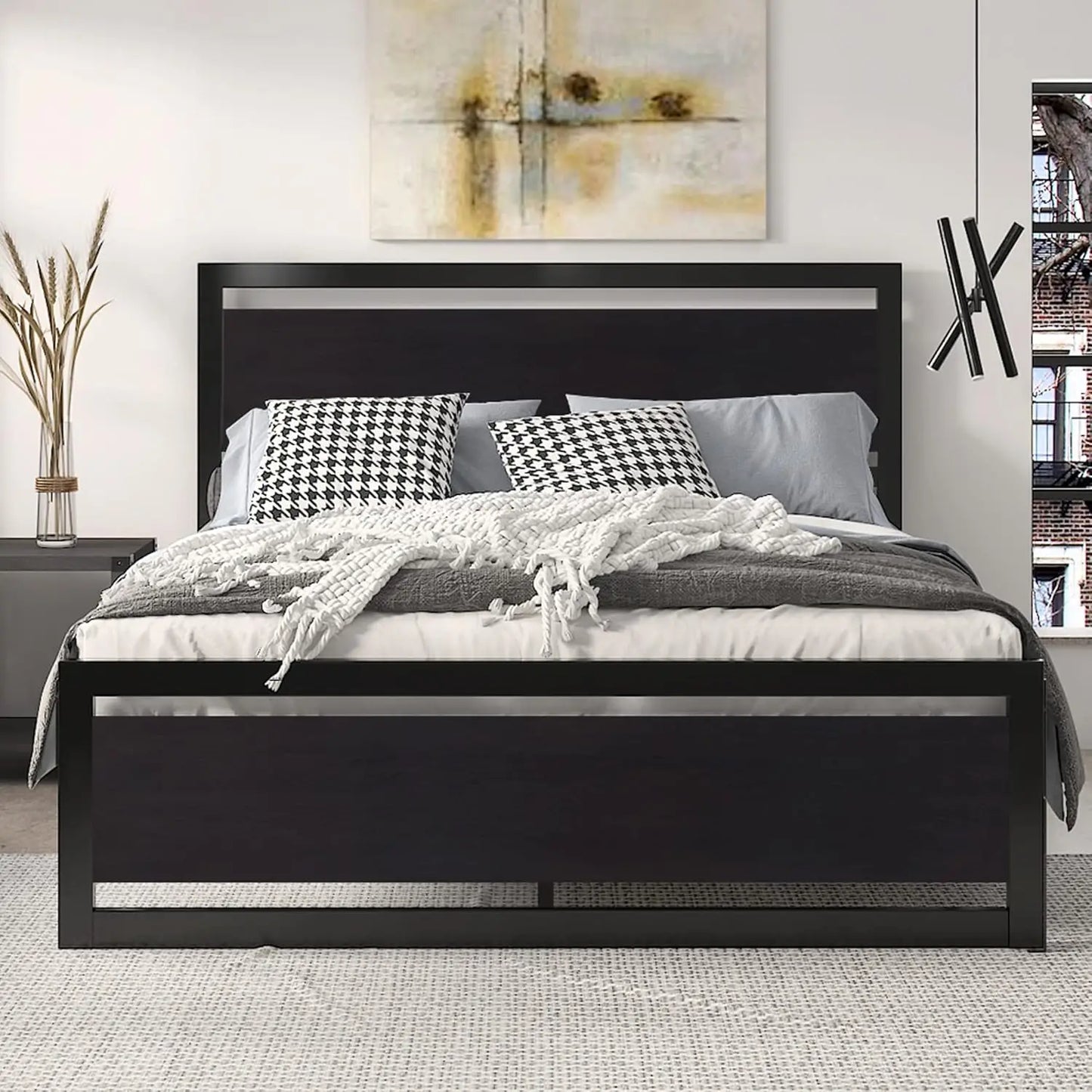 Queen Size Metal Bed Frame with Modern Headboard