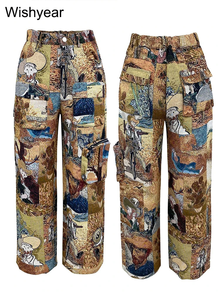 Printed Oil Painting Pattern Multi Pocket Cargo Pants