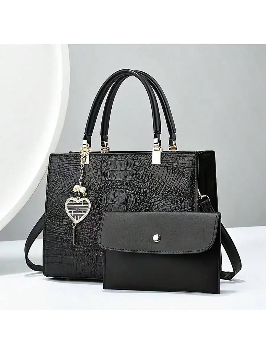 Croc-Embossed Top Handle Handbag with Detachable Wallet