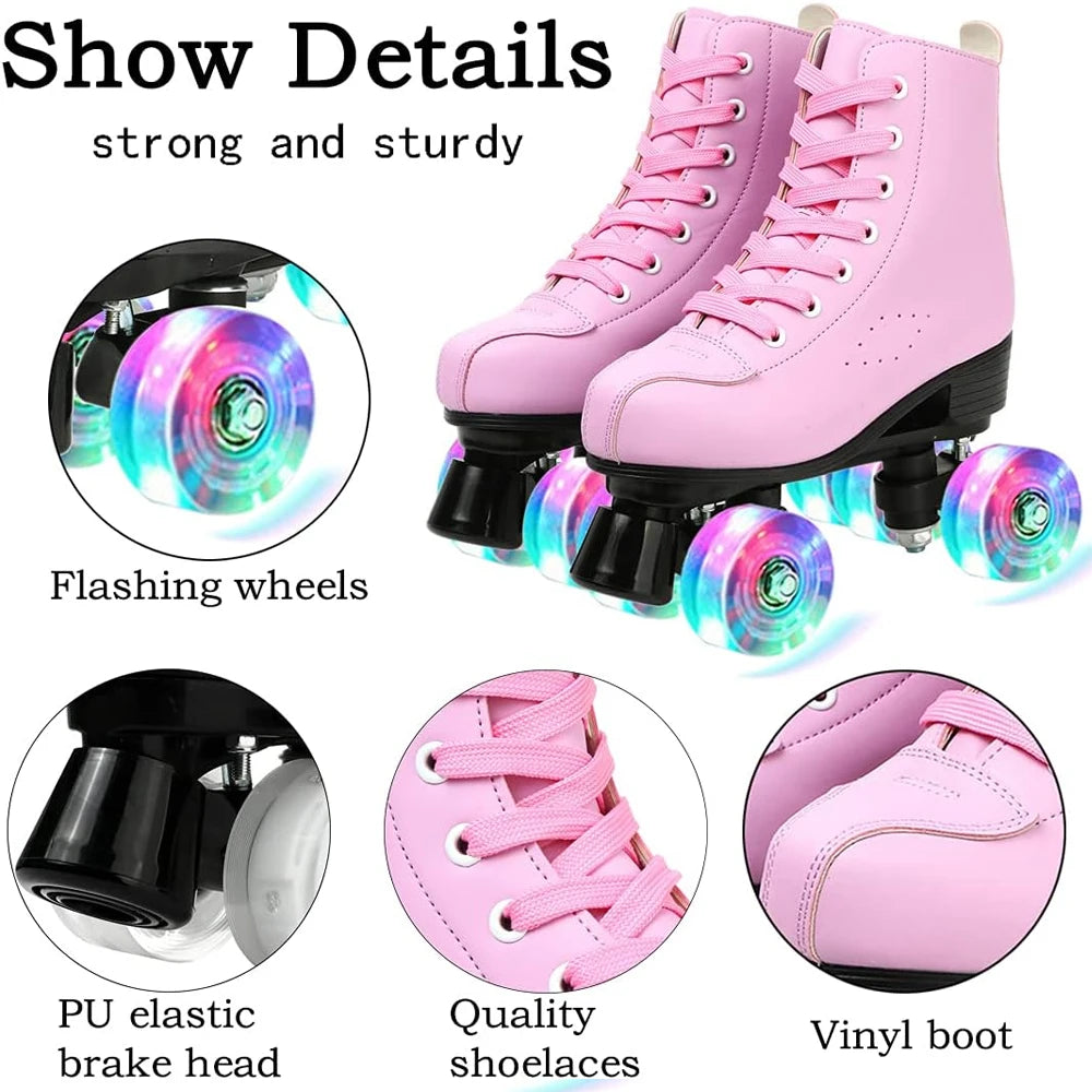 Pink PU Leather Roller Skates