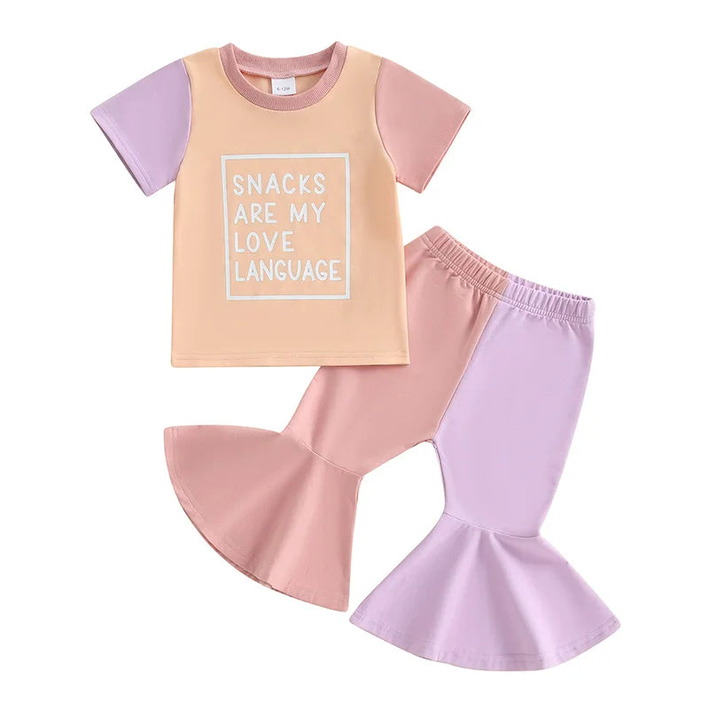 Short Sleeve Graphic Tee Colorful Flared Trousers 2Pc Set