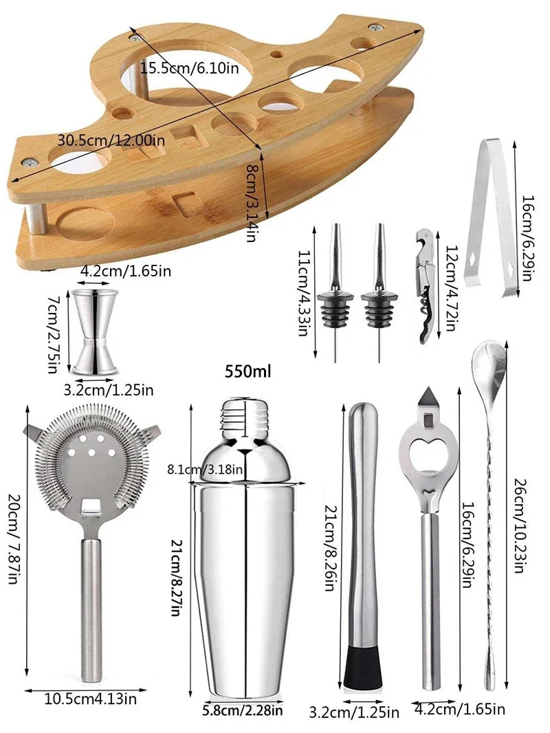 11pcs Stainless Steel Bartender Kit with Stand Cocktail Shaker