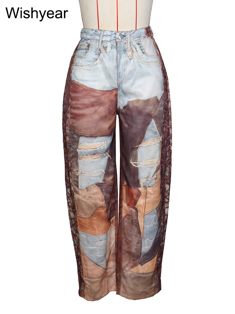 Women's Patchwork Mid Waist Wide Leg Pants
