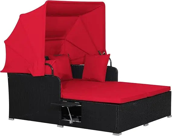 Outdoor Wicker Sunbed w/Cushions, 4 Pillows & 2 Retractable Side Trays