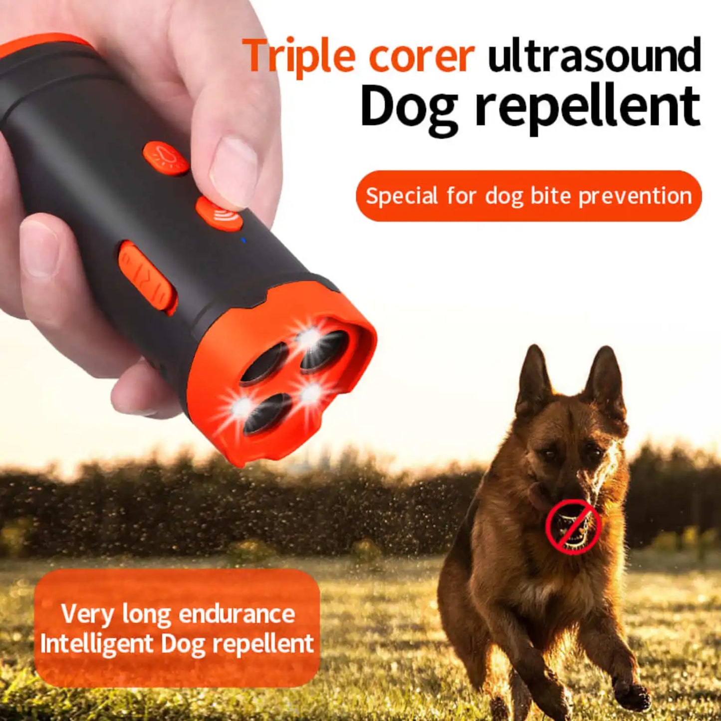 Ultrasonic Dog Repeller with LED Light Tri-core High Power