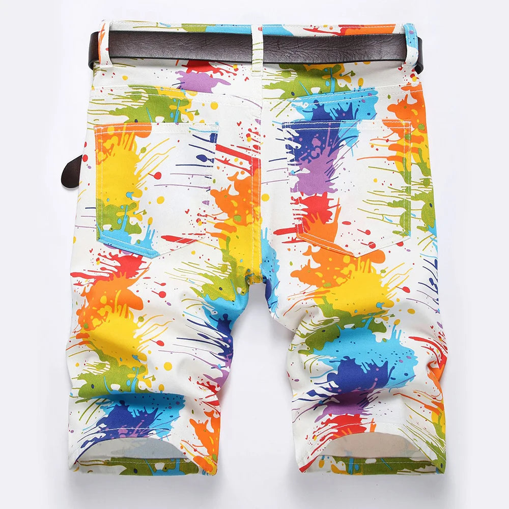 Mens Color Painted Shorts Stretch Denim