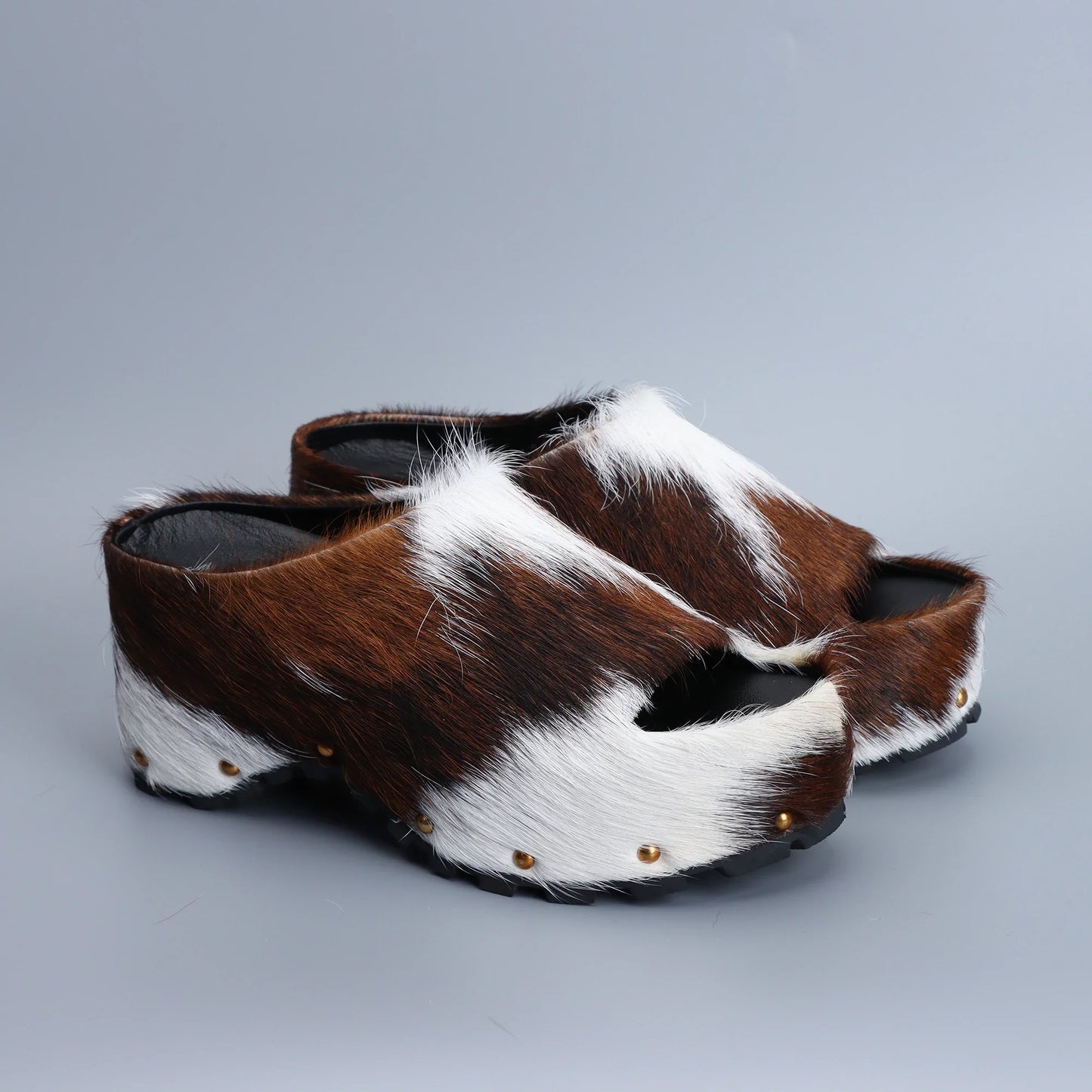 Womens Designer Luxury Platform Mules Real Calf Hair Leather Lined