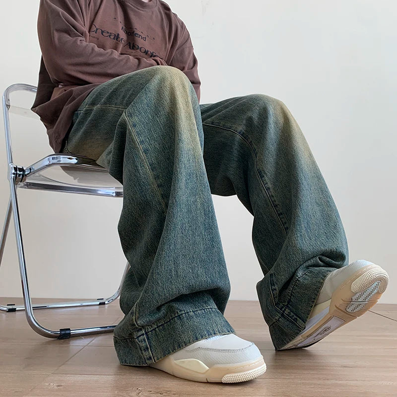 Distressed Vintage Blue Jeans Pants Men Wide-leg