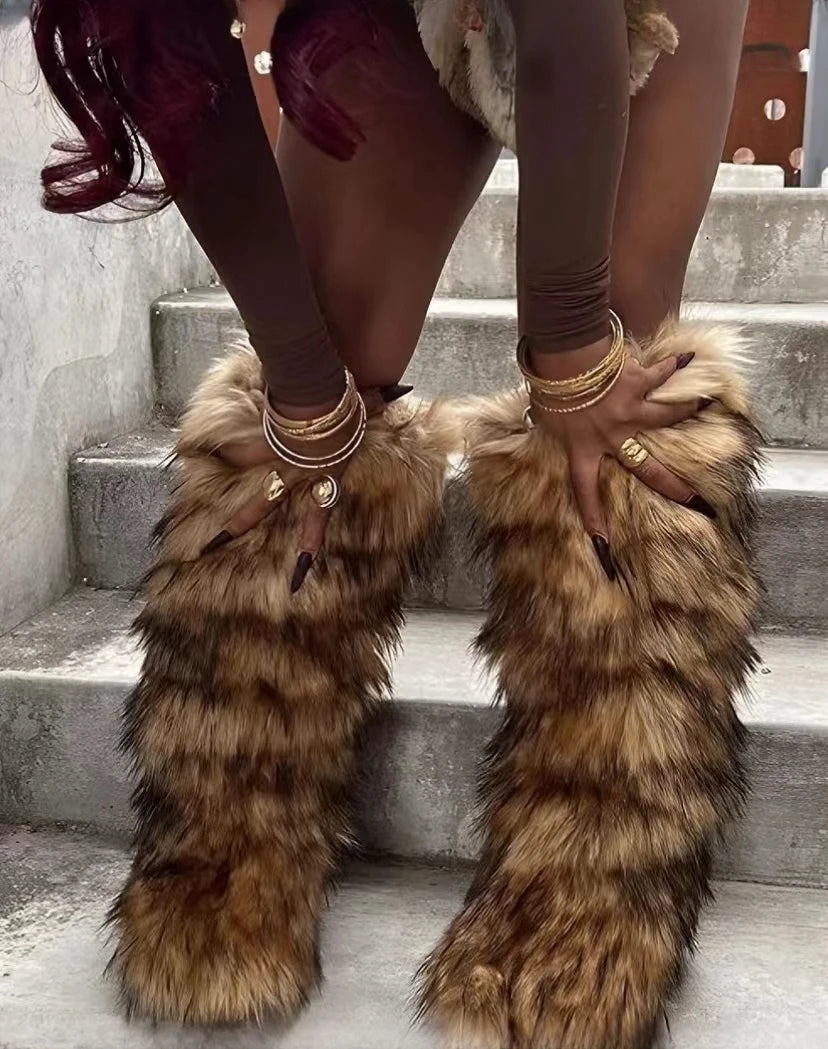 Winter Thigh High Fluffy Boots Furry Faux Fox Fur