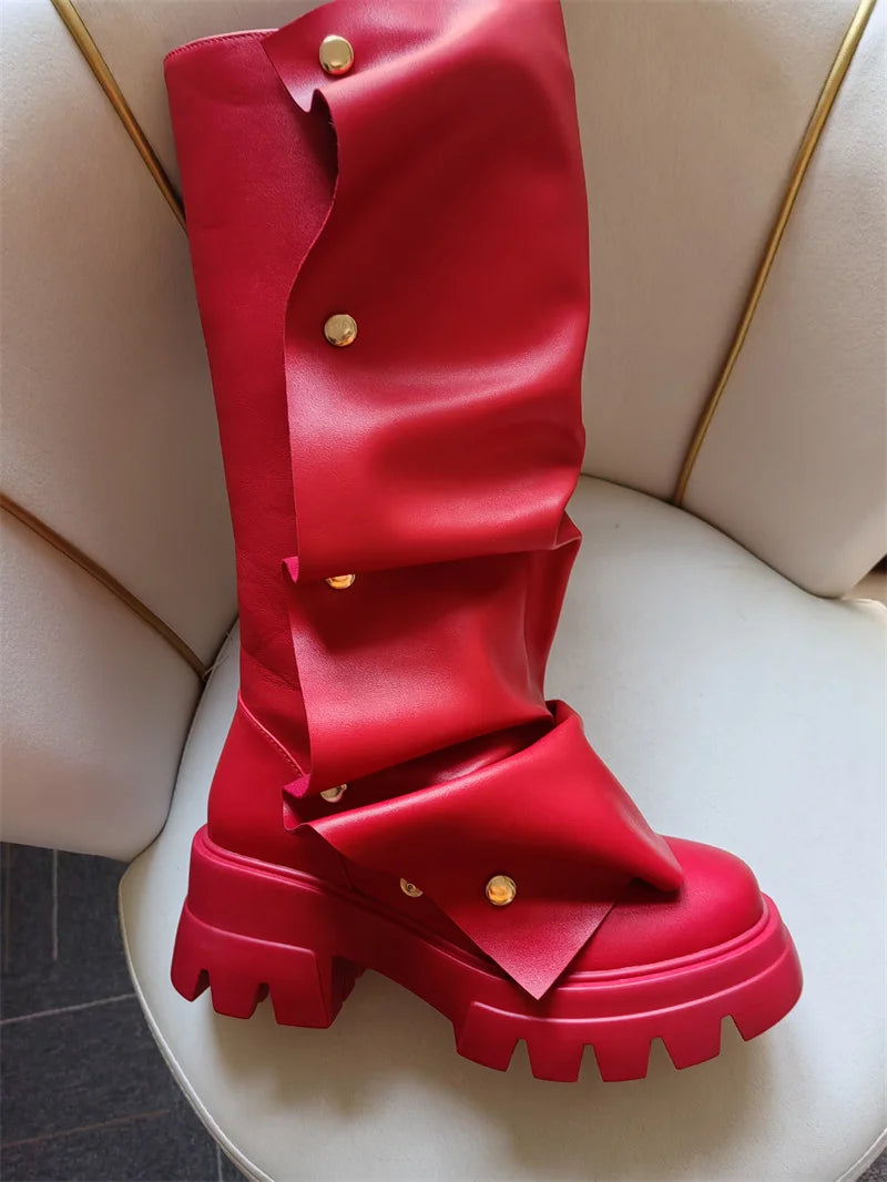 Plaftorm Red Fold Over Boots Block Heel Round Toe