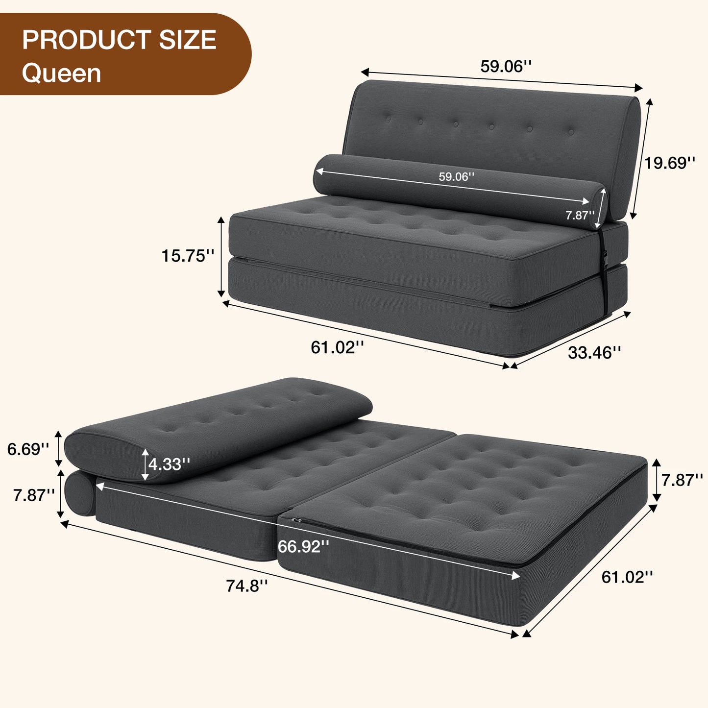 3 in 1 Convertible Sofa Bed with 2 Pillows